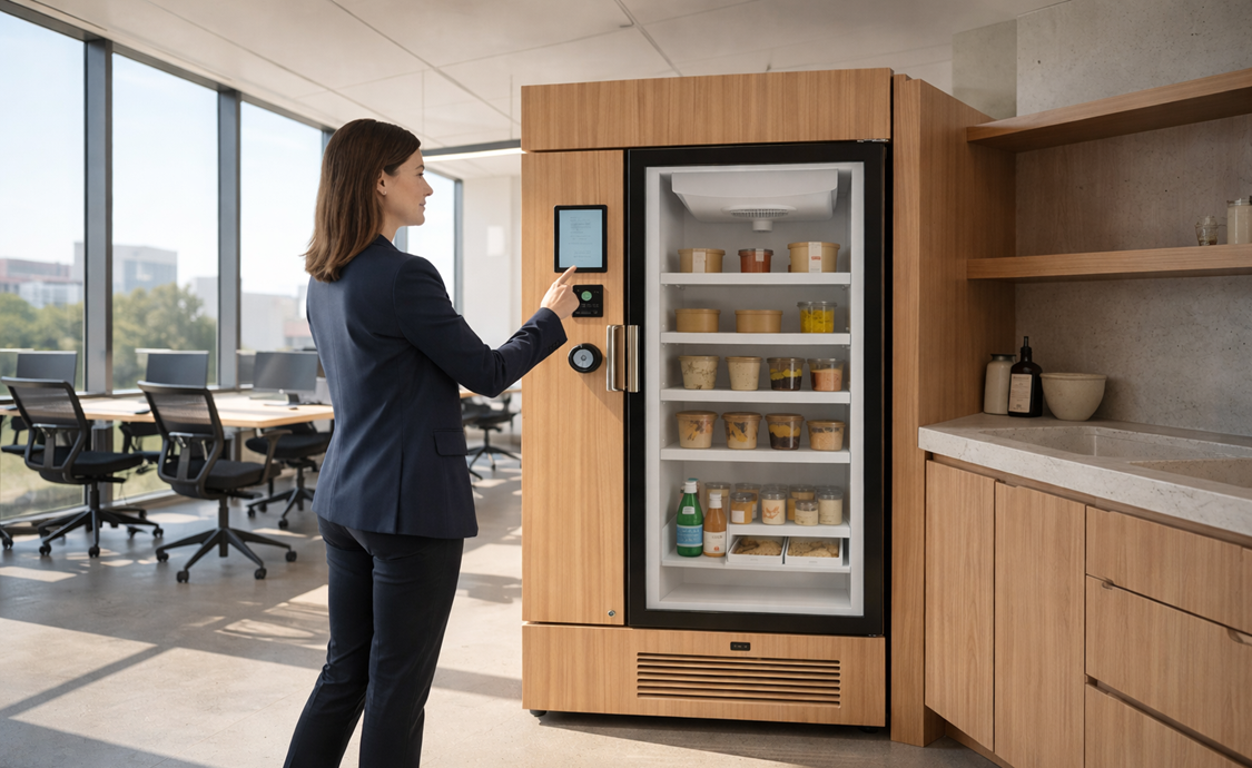 Frigo connecté FoodGoo installé en entreprise sur la Côte d'Azur - Plats frais 24h/24